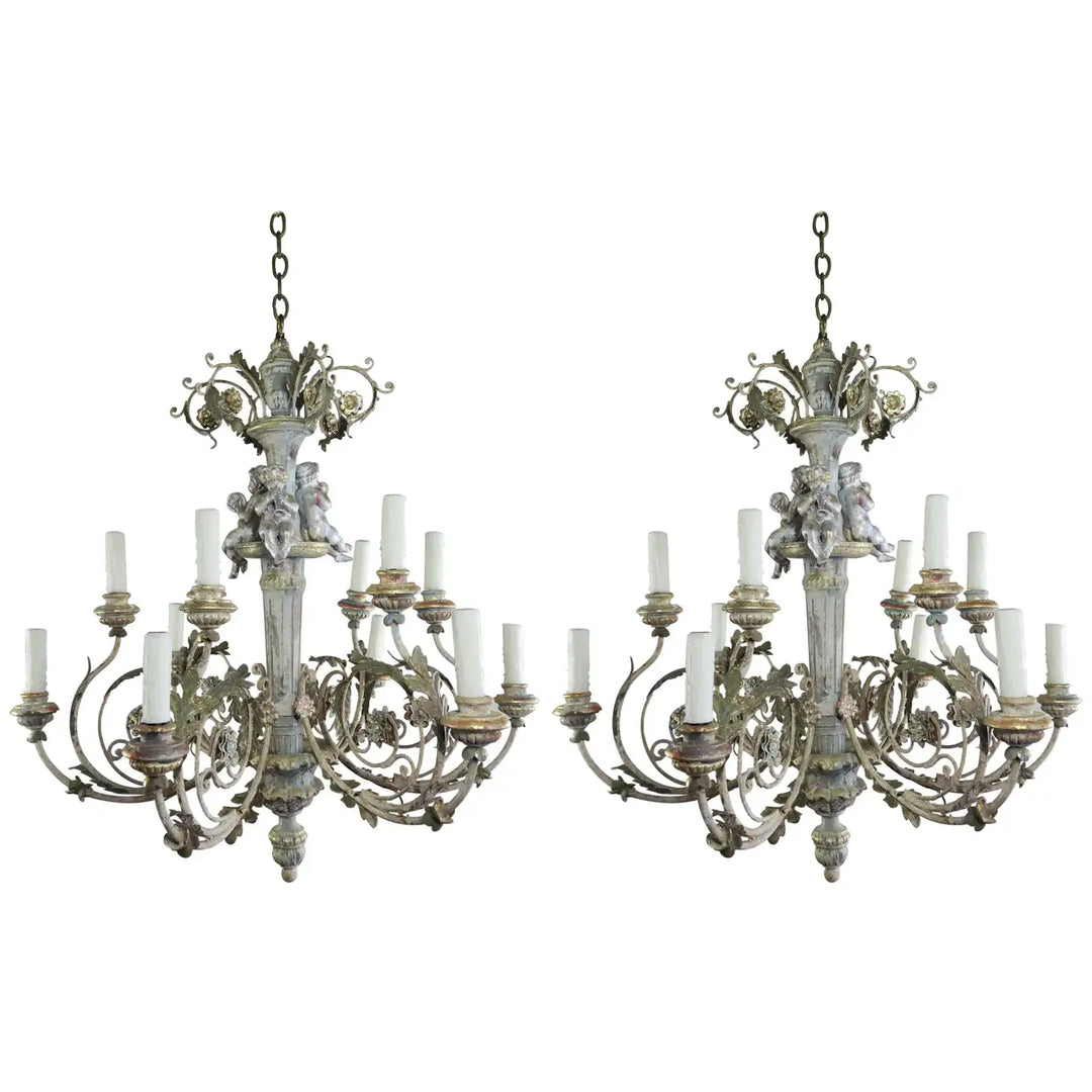 Twelve-Light Italian Wood and Iron Cherub Trio Chandelier,  $4,800 each/ not for the pair