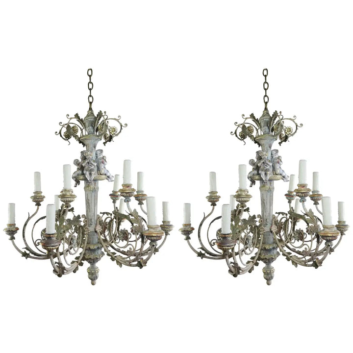 Twelve-Light Italian Wood and Iron Cherub Trio Chandelier,  $4,800 each/ not for the pair