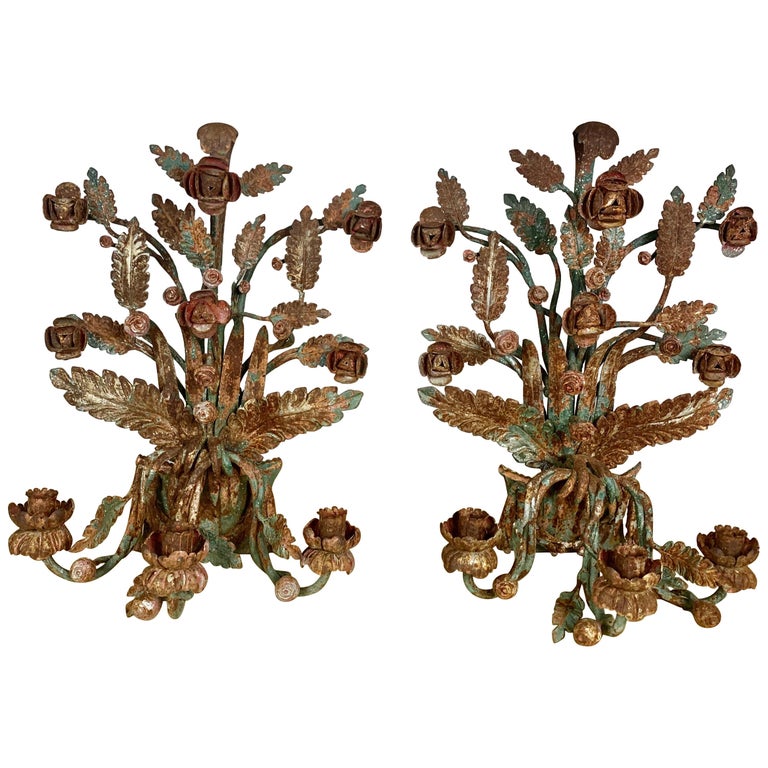 Pair of Spanish Painted Wrought Iron Candleholders, circa 1920s