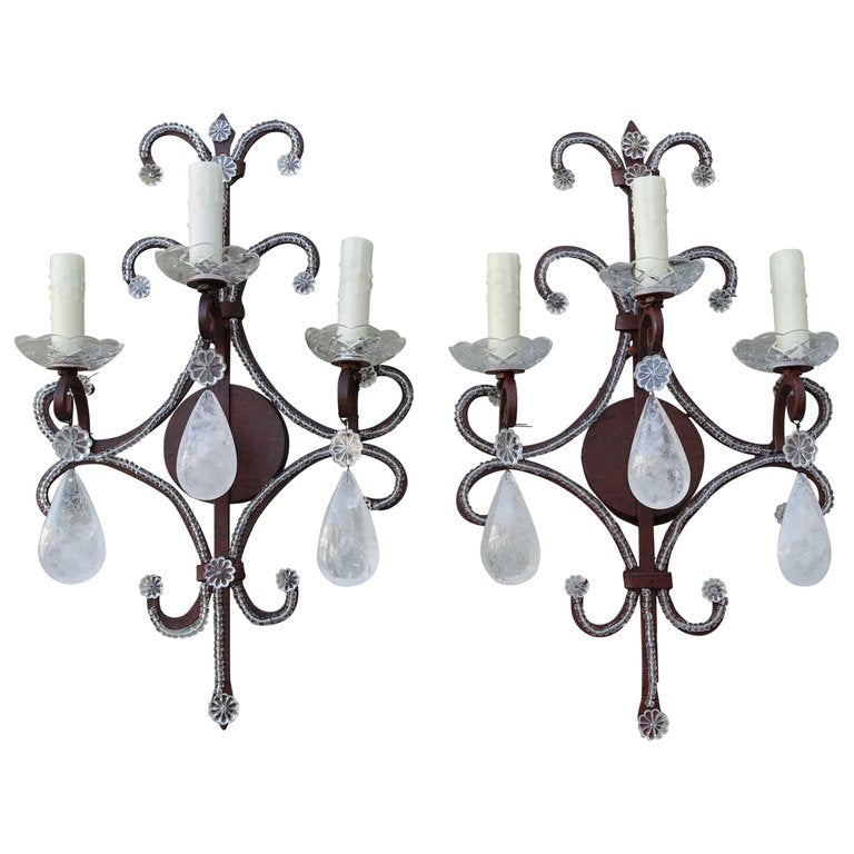 Pair of Three-Light Rock Crystal Iron Sconces