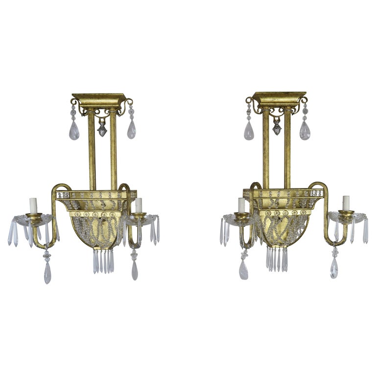 Pair of French Bronze and Rock Crystal 2-Light Sconces