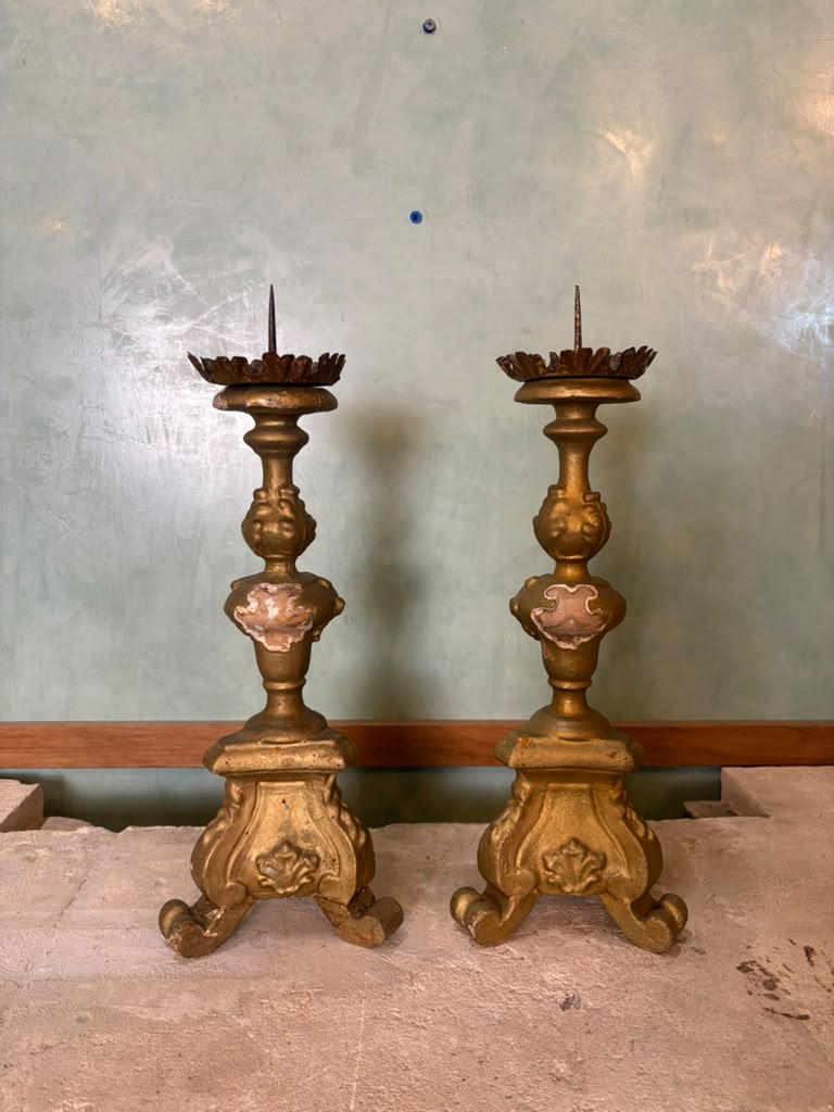 Pair of 18th Century Italian Baroque Giltwood Altar Pricket Candlesticks