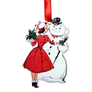 Vintage Lady with Snowman Ornament