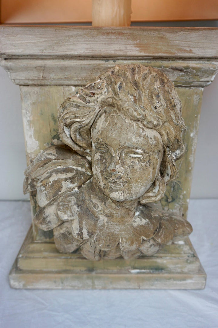 19th C. Carved Cherub Face Lamp w/ Custom Parchment Shade