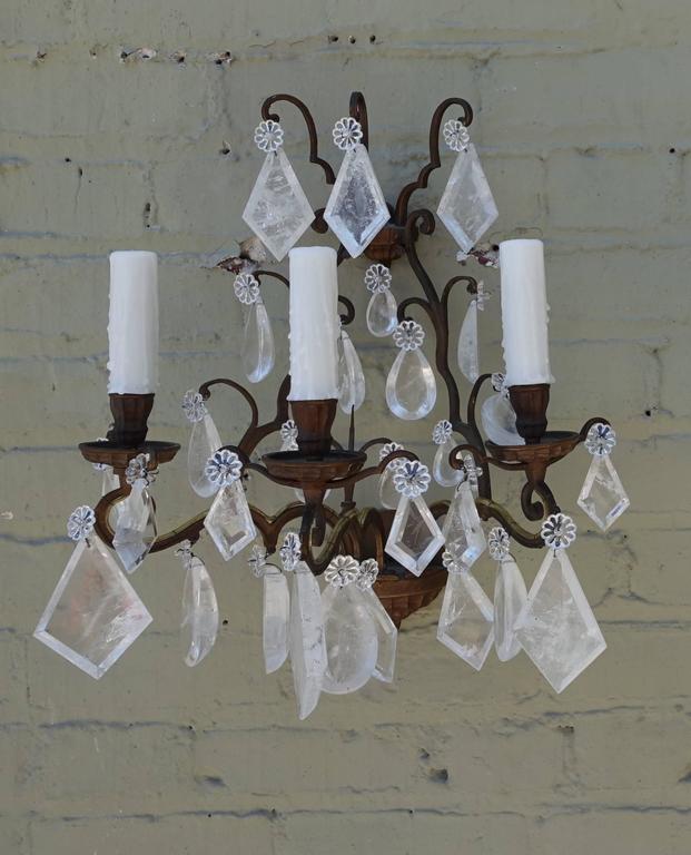 Pair of French 3-Light Crystal Sconces