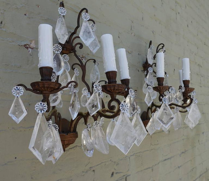 Pair of French 3-Light Crystal Sconces