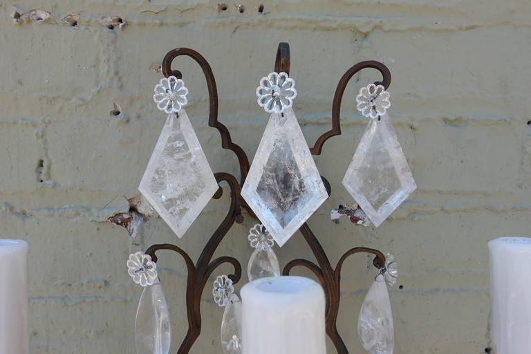 Pair of French 3-Light Crystal Sconces