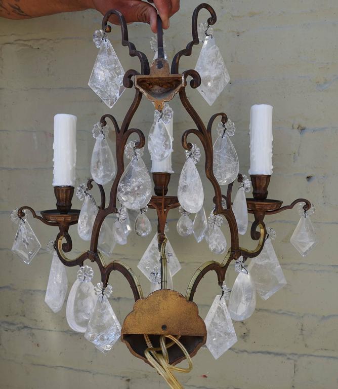 Pair of French 3-Light Crystal Sconces