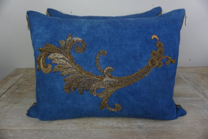 Pair of Metallic Appliqued Blue Linen Pillows