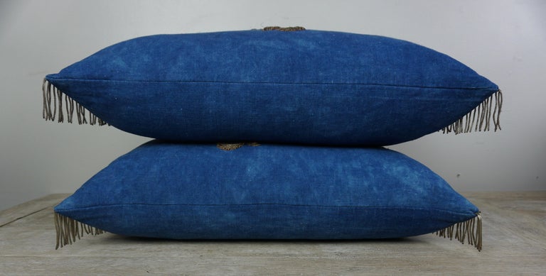 Pair of Metallic Appliqued Blue Linen Pillows