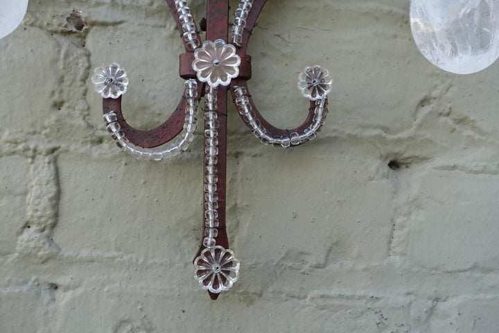 Pair of Three-Light Rock Crystal Iron Sconces