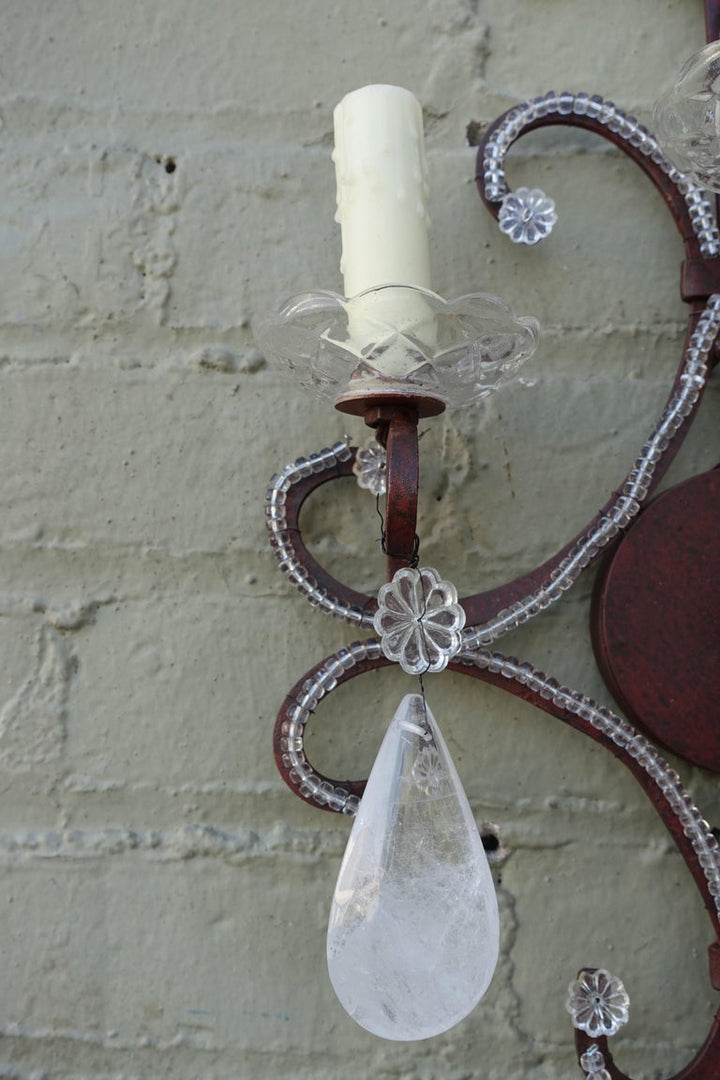 Pair of Three-Light Rock Crystal Iron Sconces