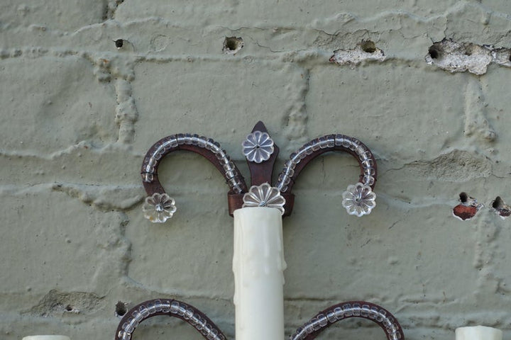 Pair of Three-Light Rock Crystal Iron Sconces