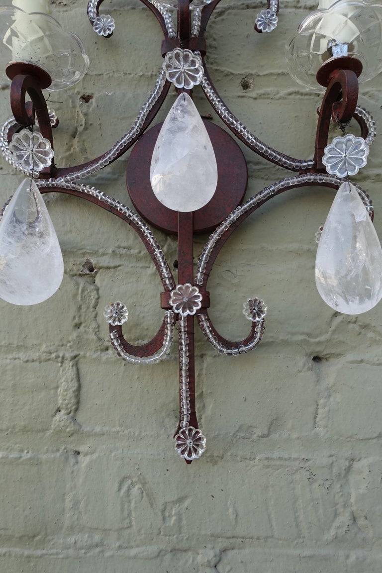 Pair of Three-Light Rock Crystal Iron Sconces