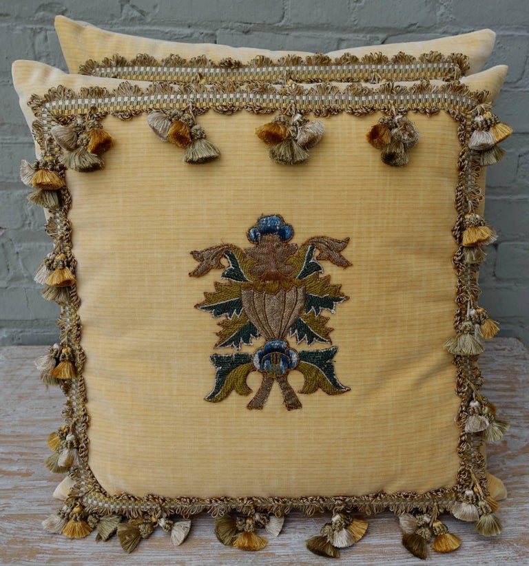 Pair of Yellow Velvet Appliqued Pillows by Melissa Levinson