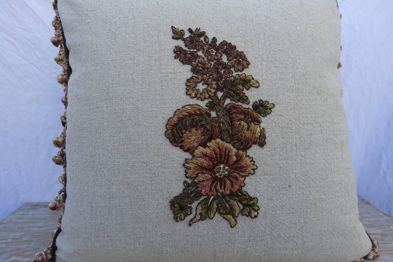 Metallic & Chenille Floral Appliqued Linen Pillows, a Pair