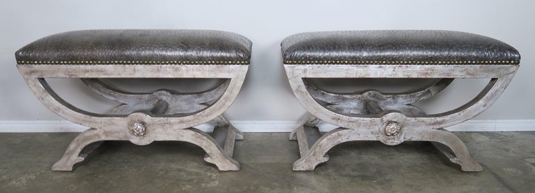 Ostrich Embossed Silvered Benches with Nailhead Trim Detail