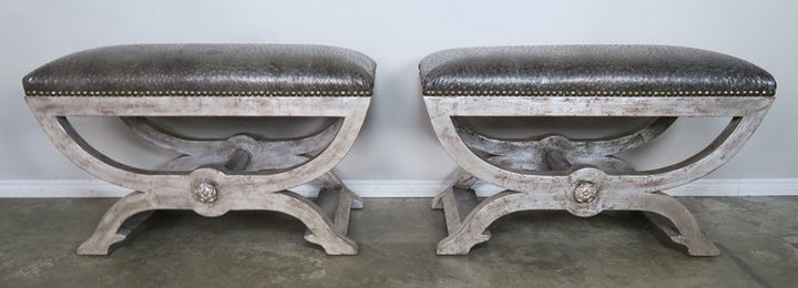 Ostrich Embossed Silvered Benches with Nailhead Trim Detail