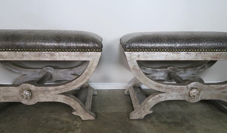 Ostrich Embossed Silvered Benches with Nailhead Trim Detail