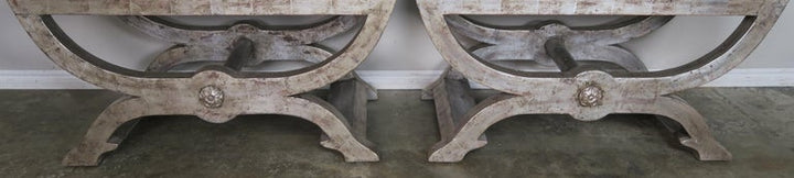 Ostrich Embossed Silvered Benches with Nailhead Trim Detail