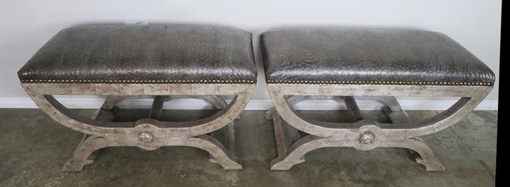 Ostrich Embossed Silvered Benches with Nailhead Trim Detail