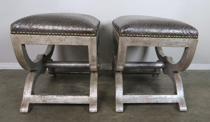 Ostrich Embossed Silvered Benches with Nailhead Trim Detail