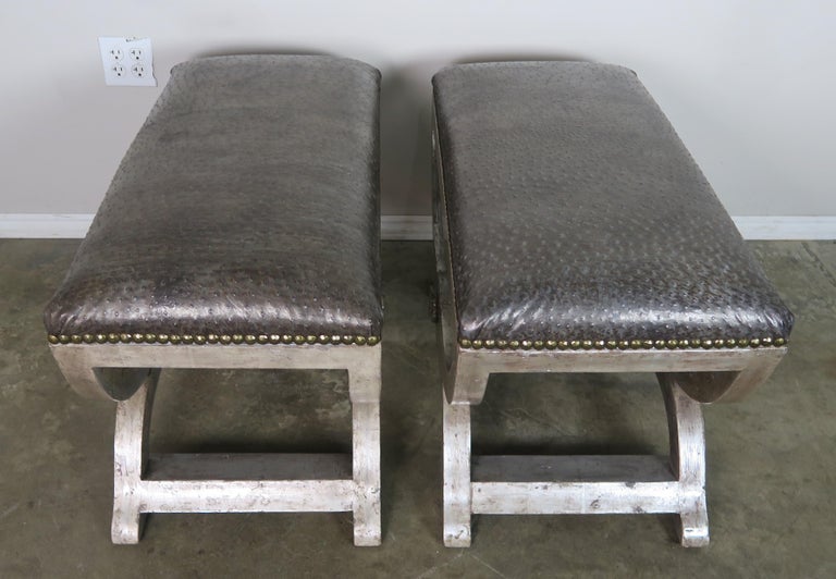 Ostrich Embossed Silvered Benches with Nailhead Trim Detail