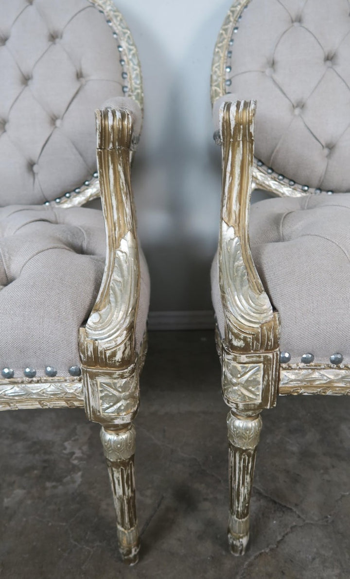 Pair of Silver Gilt Carved Neoclassical Style Armchairs