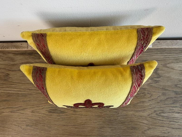 Pair of Yellow Velvet Decorative Pillows with Fleur-de-Lis Applique