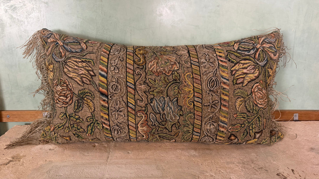 18th Century French Aubusson Tapestry Lumbar Pillow - Floral Baroque Embroidery with Metallic Fringe