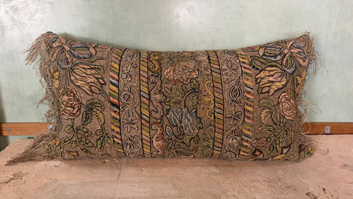 18th Century French Aubusson Tapestry Lumbar Pillow - Floral Baroque Embroidery with Metallic Fringe