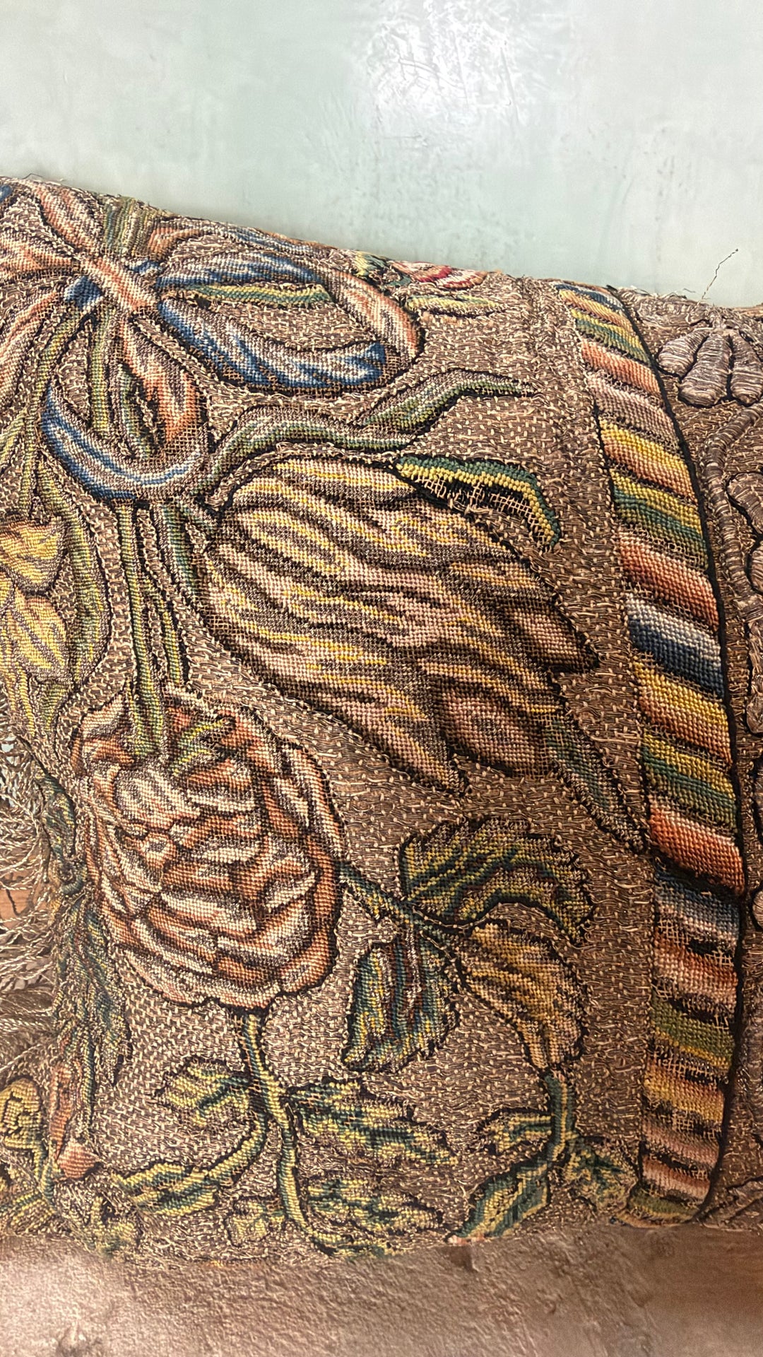 18th Century French Aubusson Tapestry Lumbar Pillow - Floral Baroque Embroidery with Metallic Fringe