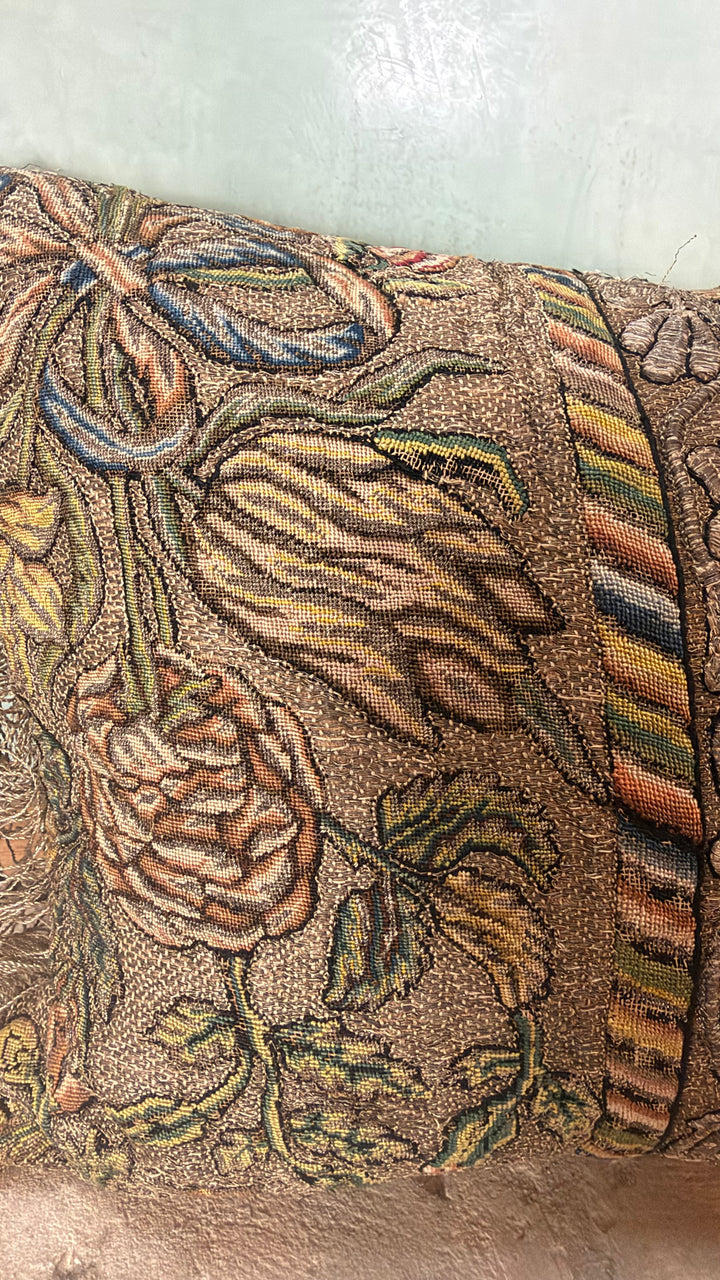 18th Century French Aubusson Tapestry Lumbar Pillow - Floral Baroque Embroidery with Metallic Fringe