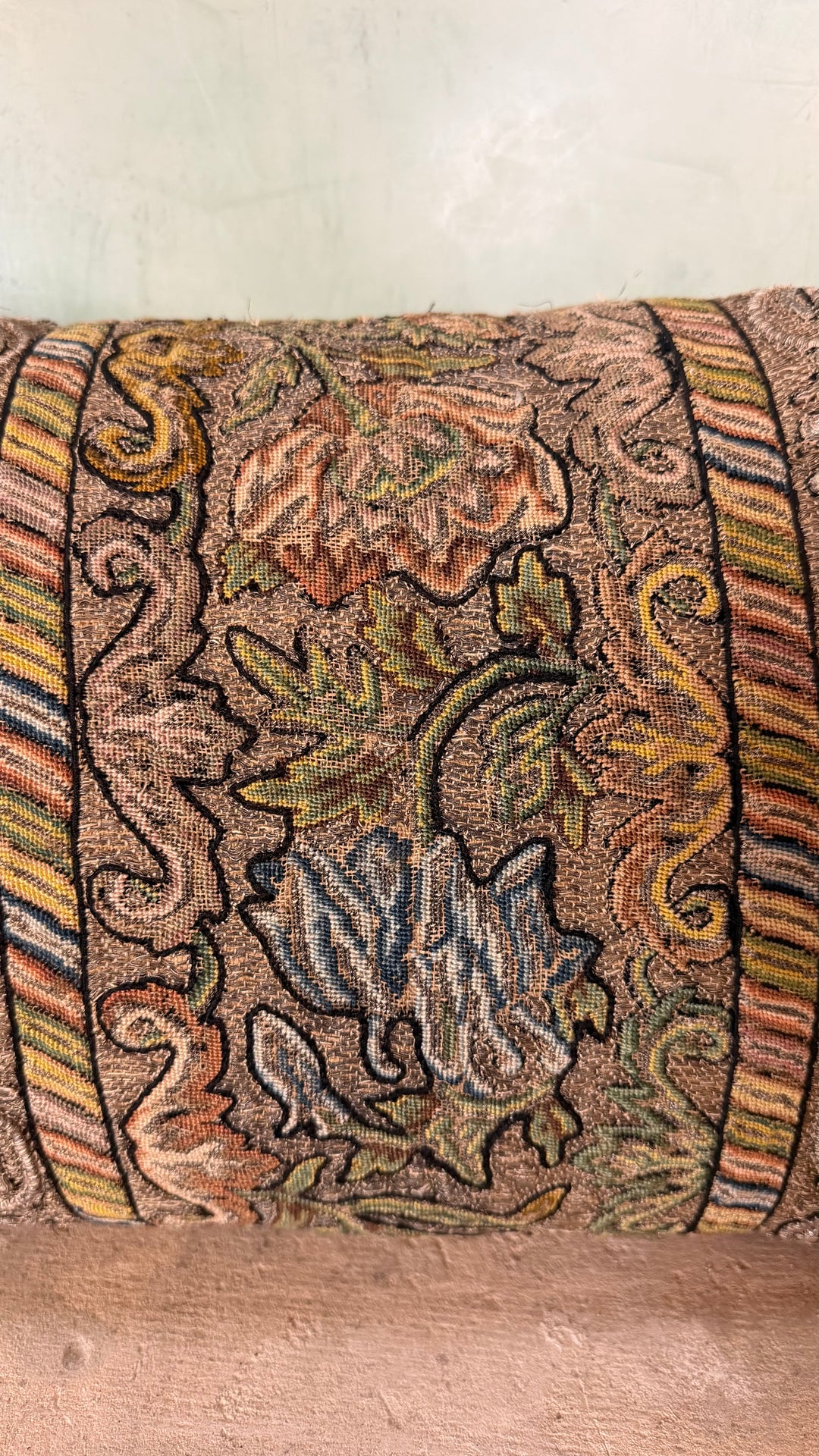 18th Century French Aubusson Tapestry Lumbar Pillow - Floral Baroque Embroidery with Metallic Fringe