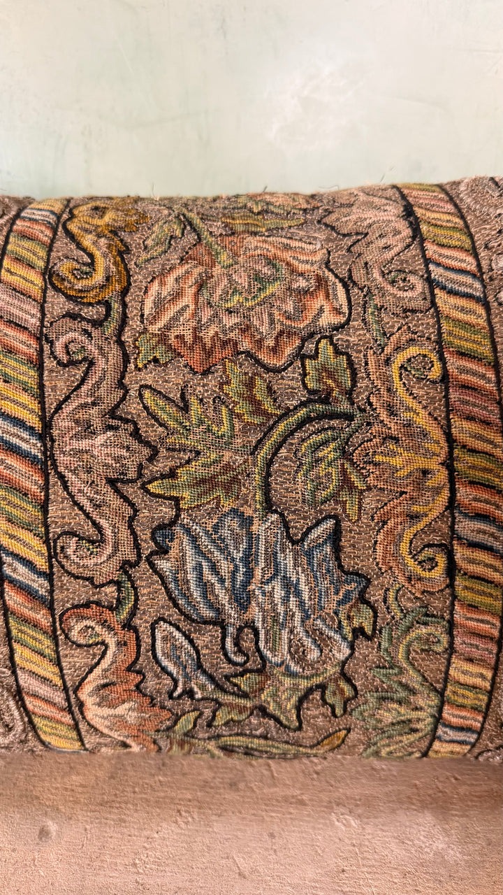 18th Century French Aubusson Tapestry Lumbar Pillow - Floral Baroque Embroidery with Metallic Fringe