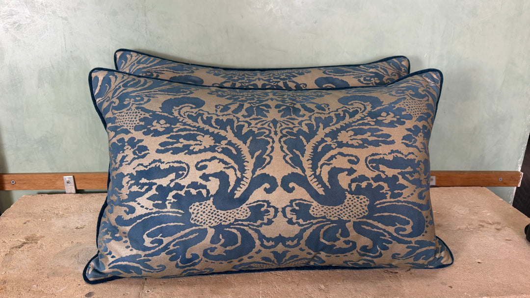 Pair of Venetian Fortuny Fabric Pillow - Blue and Gold Damask