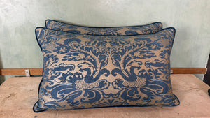 Pair of Venetian Fortuny Fabric Pillow - Blue and Gold Damask