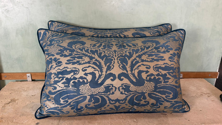 Pair of Venetian Fortuny Fabric Pillow - Blue and Gold Damask