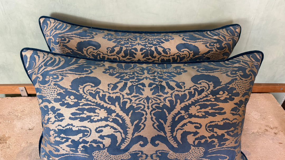 Pair of Venetian Fortuny Fabric Pillow - Blue and Gold Damask