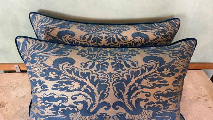 Pair of Venetian Fortuny Fabric Pillow - Blue and Gold Damask
