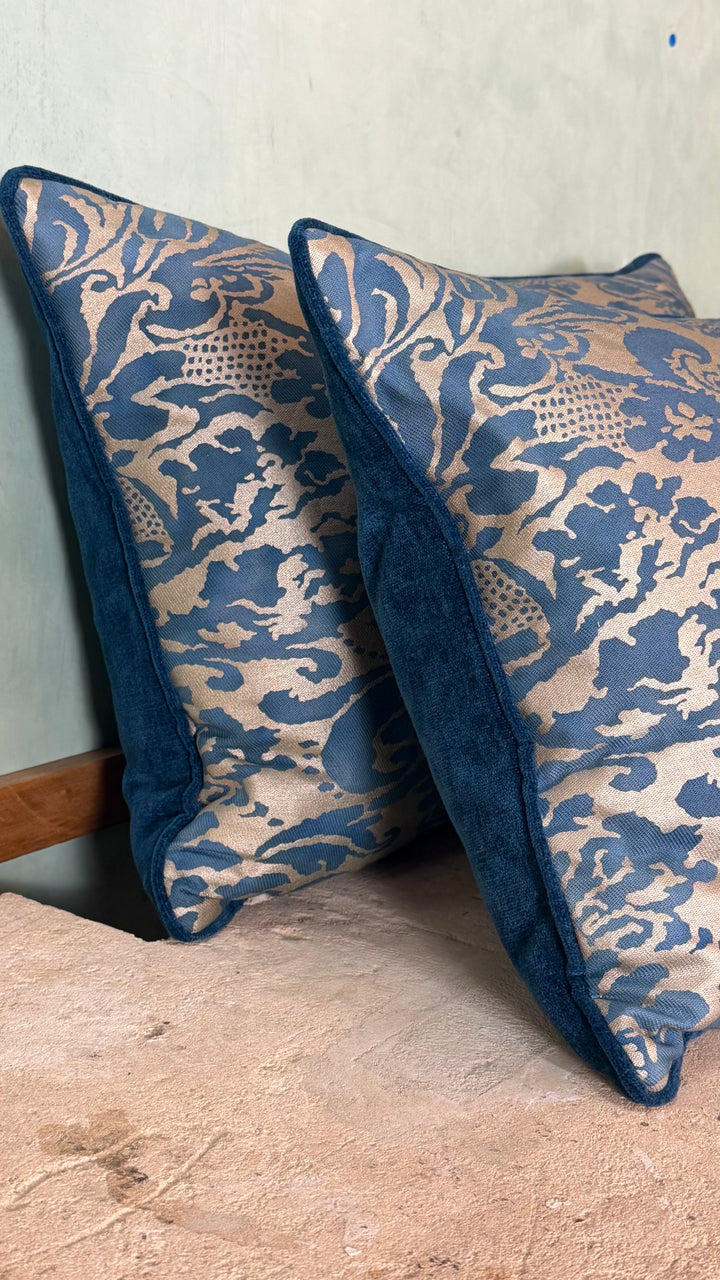 Pair of Venetian Fortuny Fabric Pillow - Blue and Gold Damask