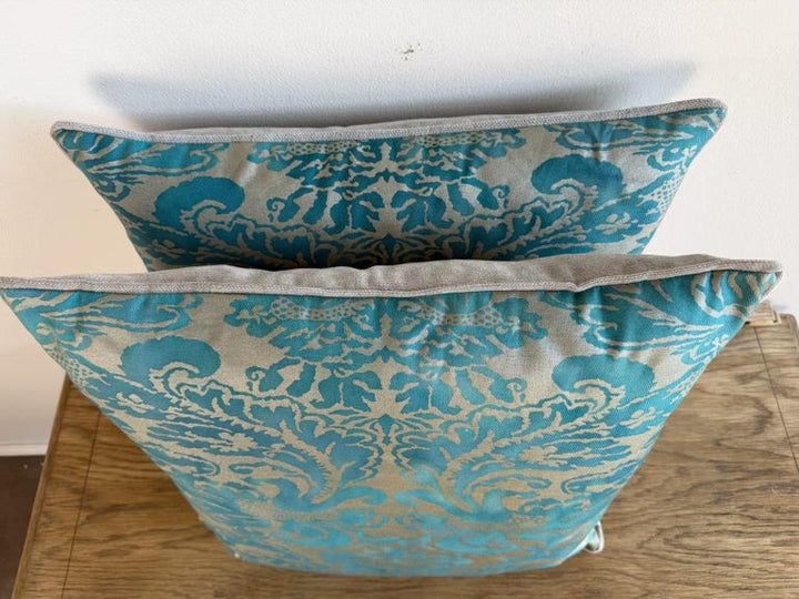 Pair of Fortuny-Style Patterned Pillows with Solid Silk Backs