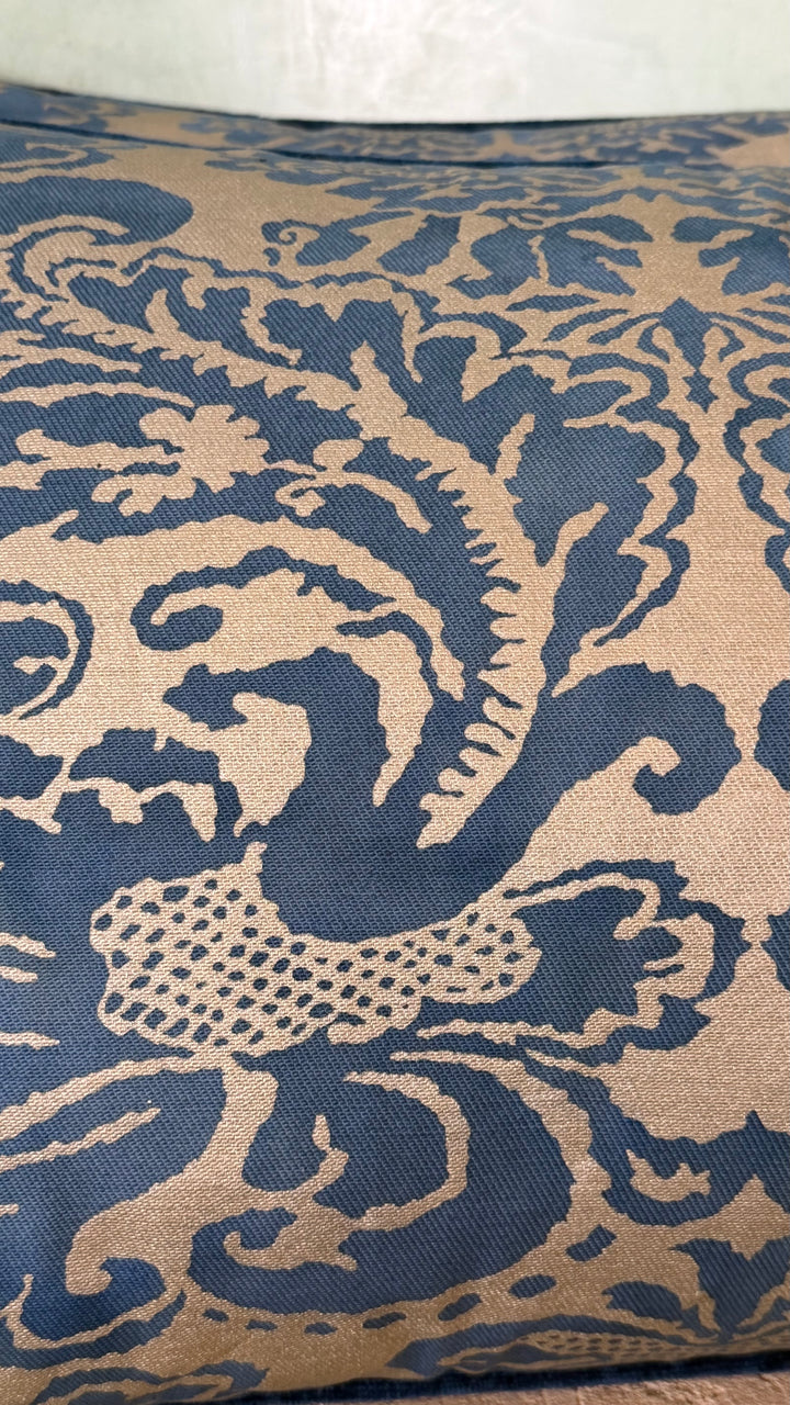 Pair of Venetian Fortuny Fabric Pillow - Blue and Gold Damask