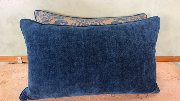 Pair of Venetian Fortuny Fabric Pillow - Blue and Gold Damask