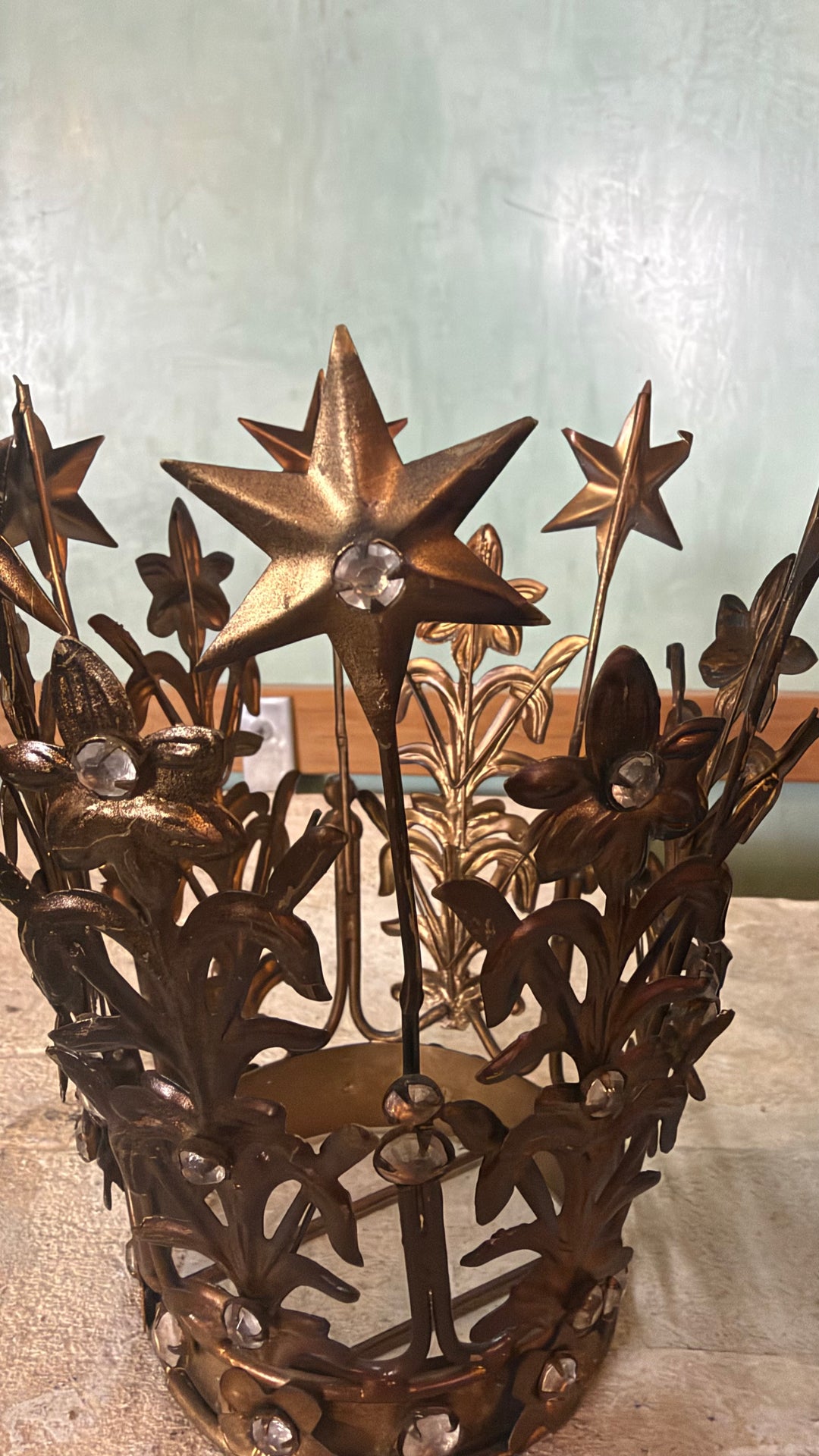 Pair of French Style Santos Star Crowns - Gilt Tole Madonna Crowns with Crystals