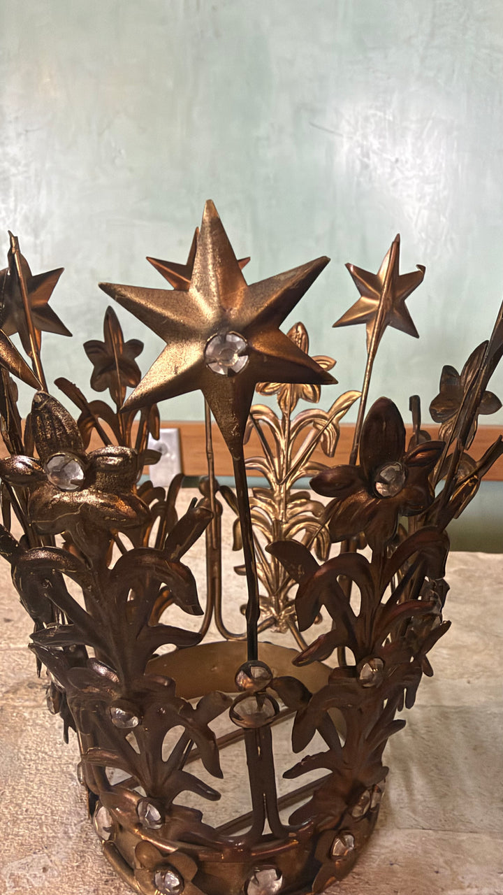 Pair of French Style Santos Star Crowns - Gilt Tole Madonna Crowns with Crystals