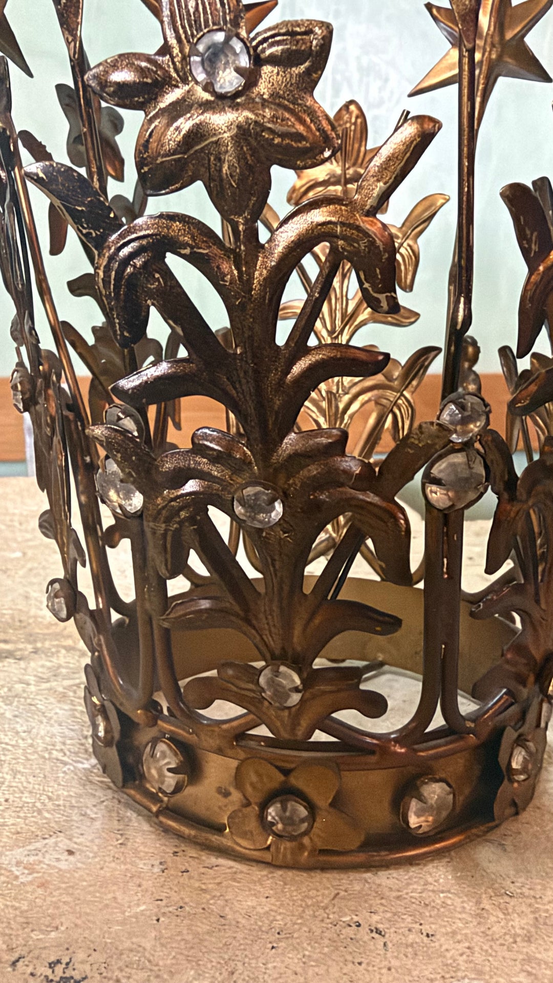 Pair of French Style Santos Star Crowns - Gilt Tole Madonna Crowns with Crystals