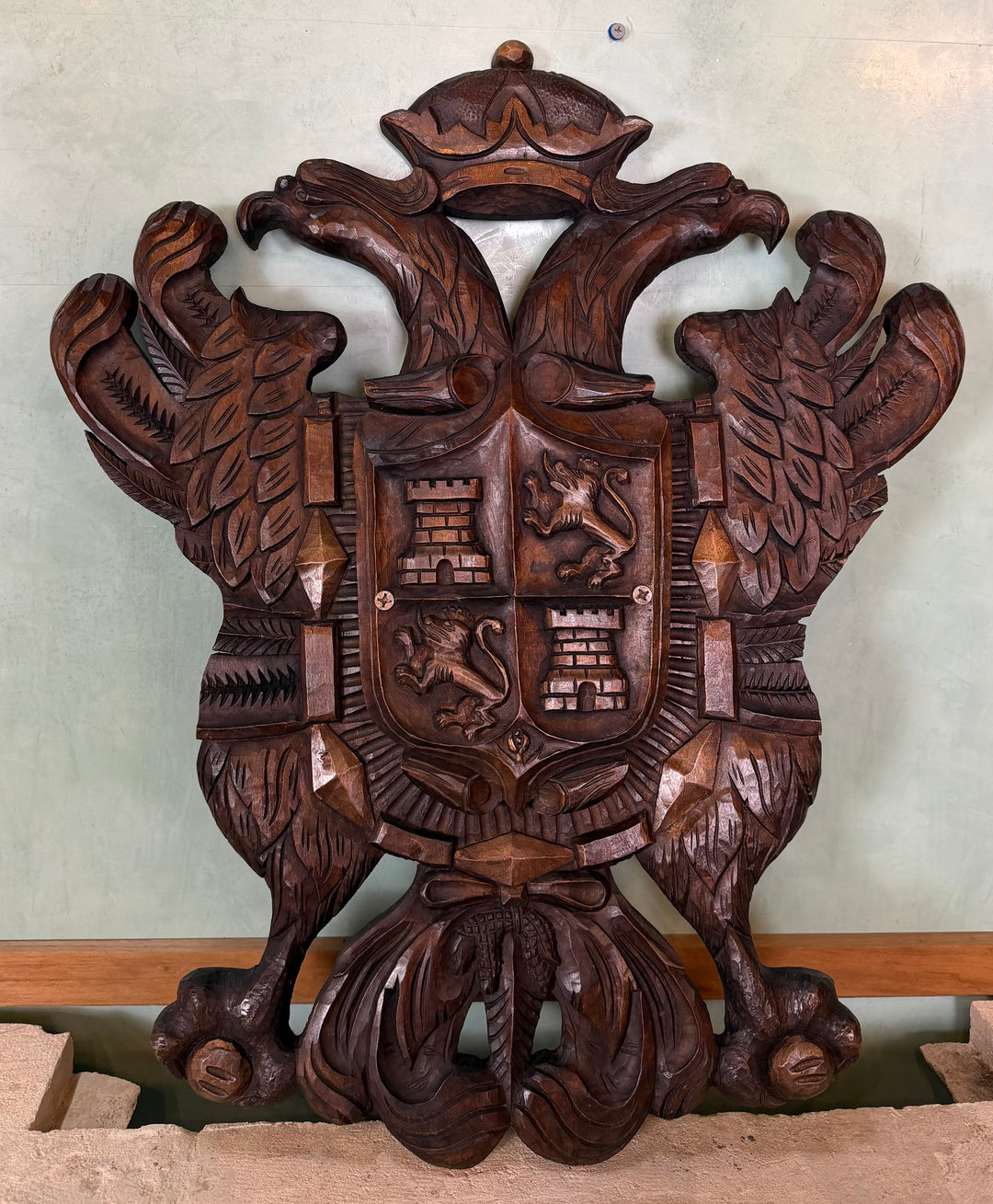 Hand-Carved Spanish Coat of Arms - Double-Headed Eagle with Crown