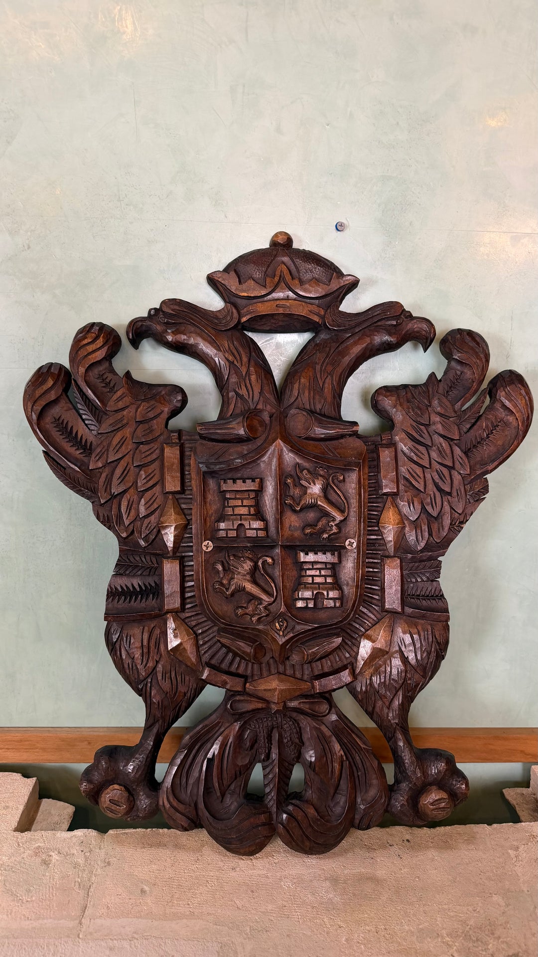 Hand-Carved Spanish Coat of Arms - Double-Headed Eagle with Crown