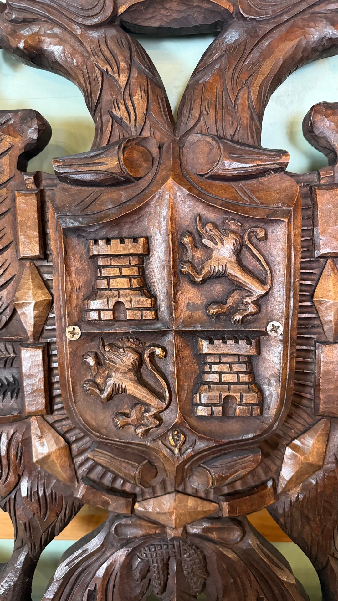Hand-Carved Spanish Coat of Arms - Double-Headed Eagle with Crown